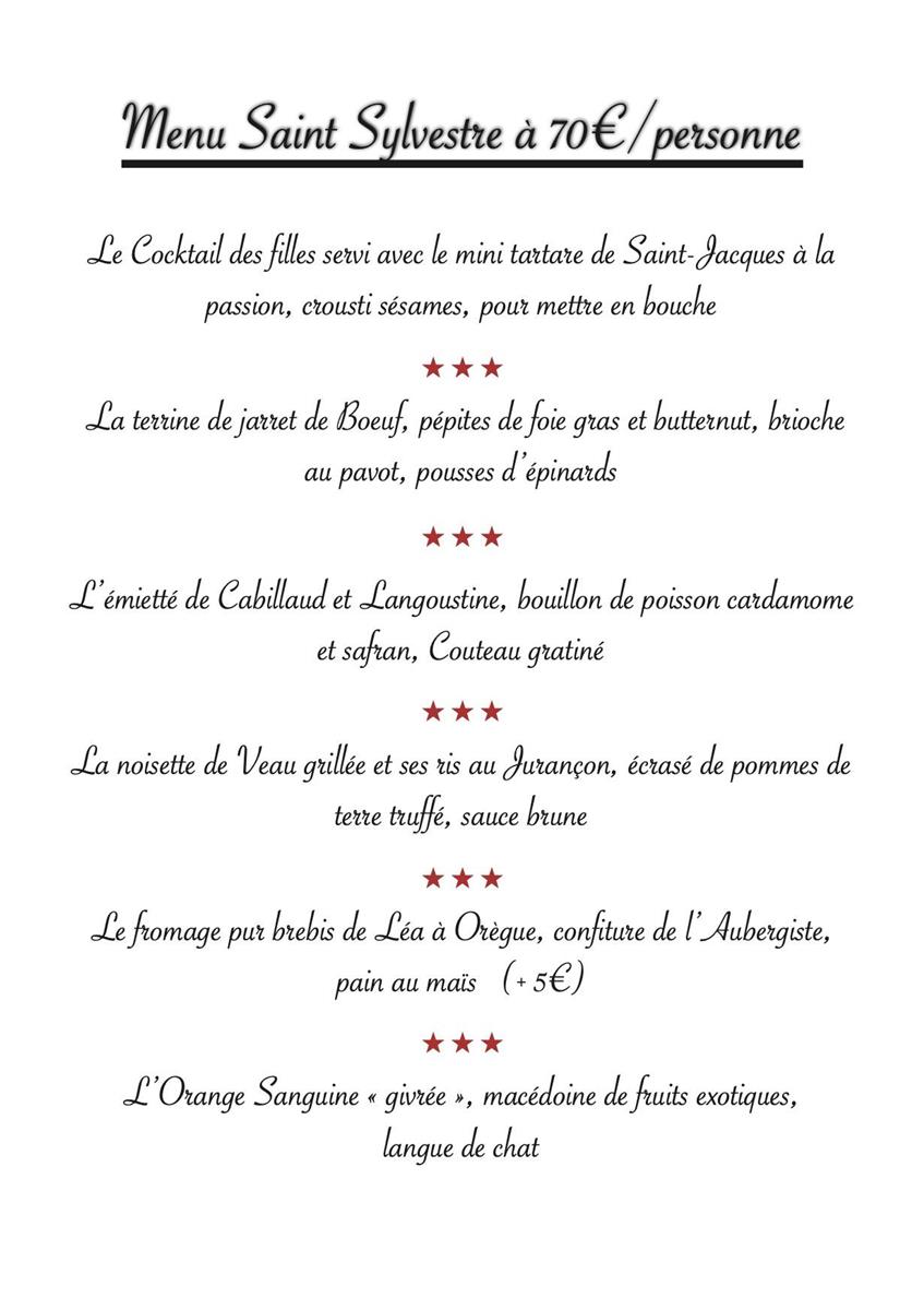 Menu des fêtes L'Auberge du Pas de Vent (Soir)