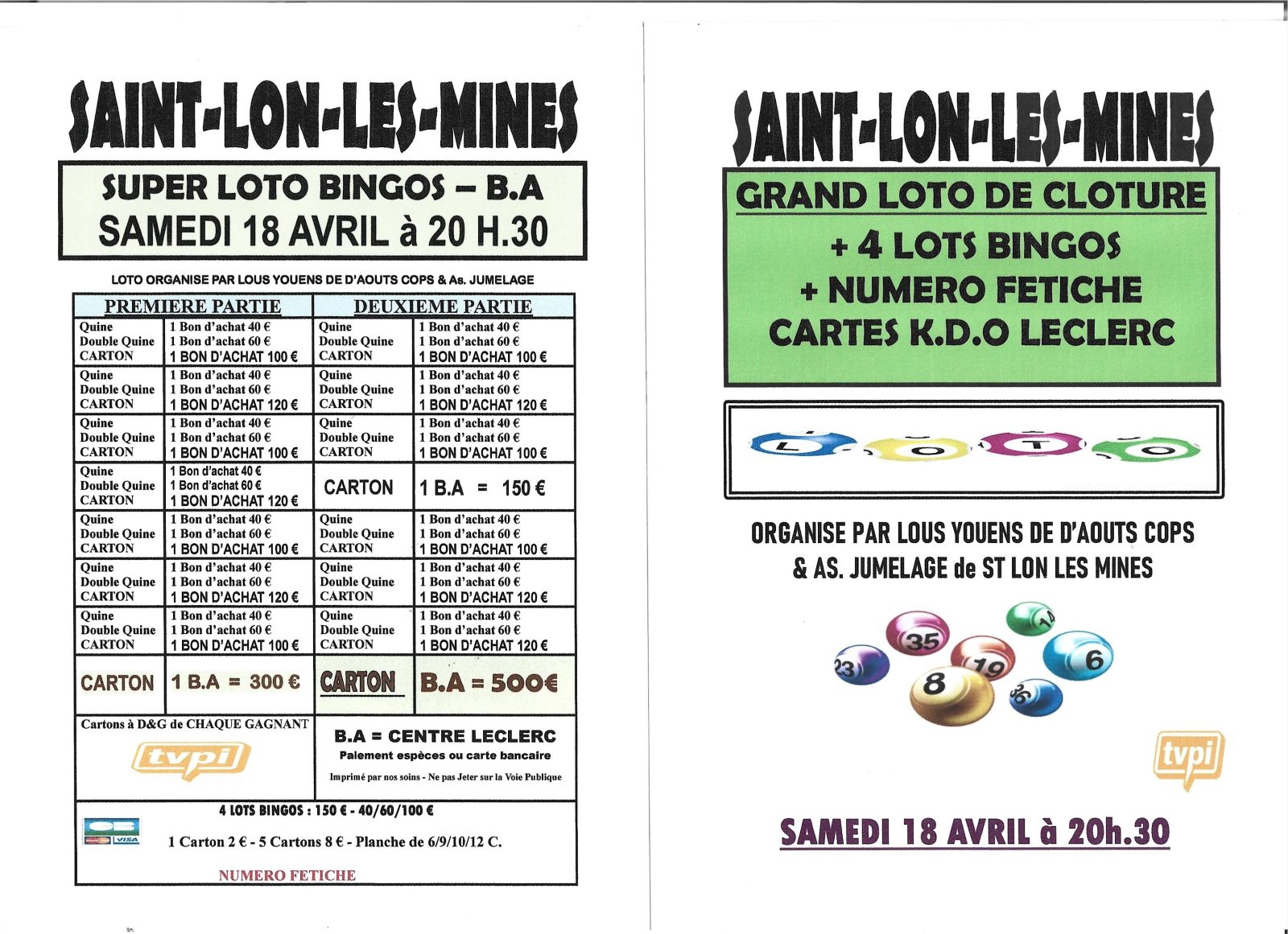 GRAND LOTO BINGOS AVEC FETICHE DE CLOTURE